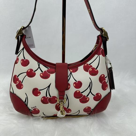 Coach Hamptons Hobo Shoulder Bag With Cherry Print Leather/Chalk CY936 NWT - Picture 1 of 10